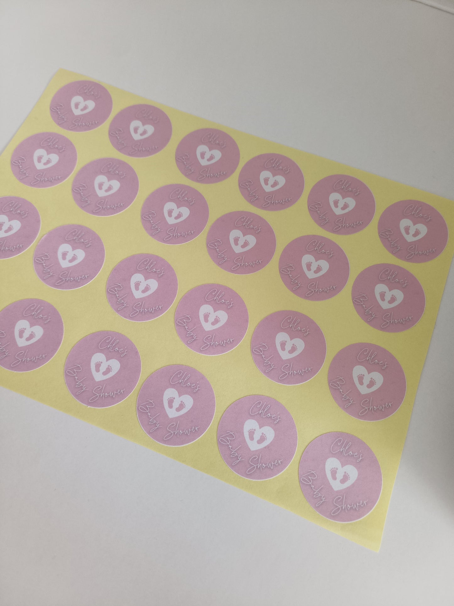 SALE - 35mm Pink & White Baby Shower Stickers | Party Bag Stickers | Chloe's Baby Shower