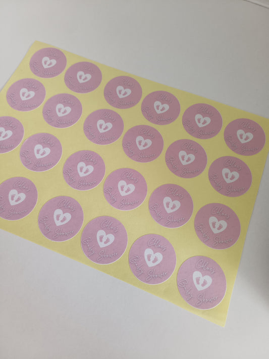 SALE - 35mm Pink & White Baby Shower Stickers | Party Bag Stickers | Chloe's Baby Shower