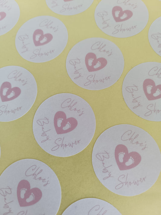 SALE - 35mm White & Pink Baby Shower Stickers | Party Bag Stickers | Chloe's Baby Shower