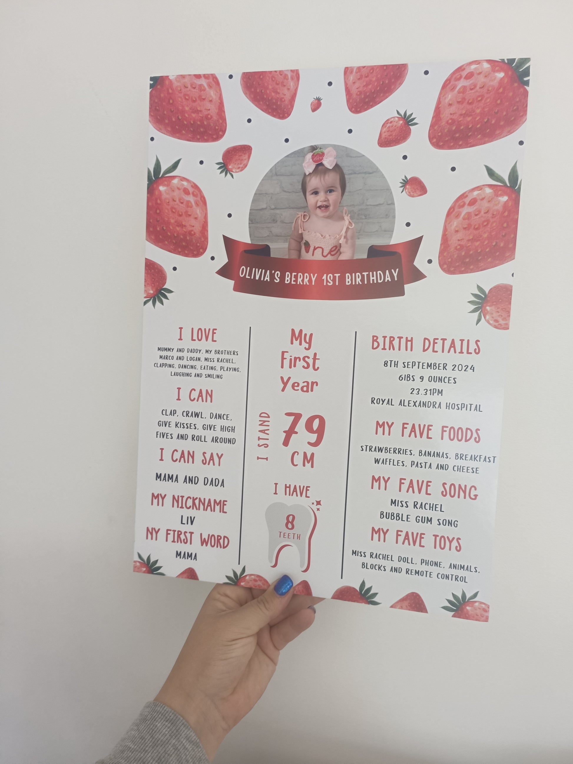 Personalised Strawberry Welcome Board Sign | Strawberry First Birthday Board | Birthday Party Sign | Strawberry Party Theme | A4, A3, A2 - Dinky Designs
