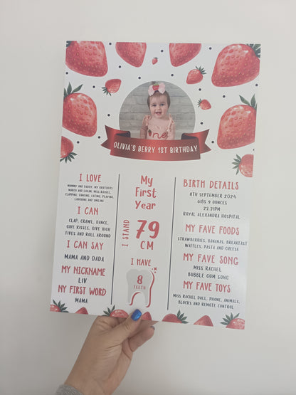 Personalised Strawberry Welcome Board Sign | Strawberry First Birthday Board | Birthday Party Sign | Strawberry Party Theme | A4, A3, A2 - Dinky Designs