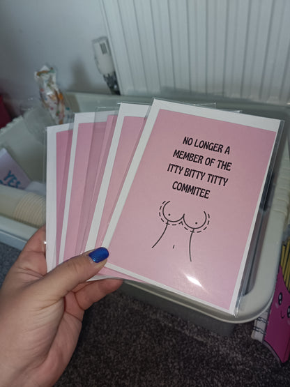 Thinking Of You Card | No Longer A Member Of The Itty Bitty Titty Commitee | Funny Card | Boob Job Card