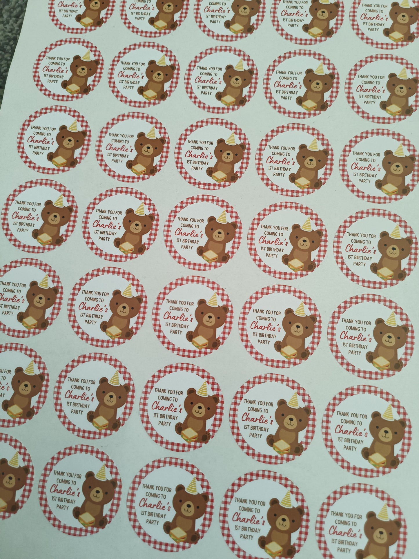 SALE ITEM | 35 x Teddy Bear Picnic Birthday Party Stickers | Thank You For Coming To Charlie's 1st Birthday Party