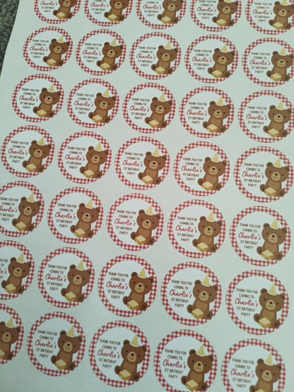 SALE ITEM | 35 x Teddy Bear Picnic Birthday Party Stickers | Thank You For Coming To Charlie's 1st Birthday Party