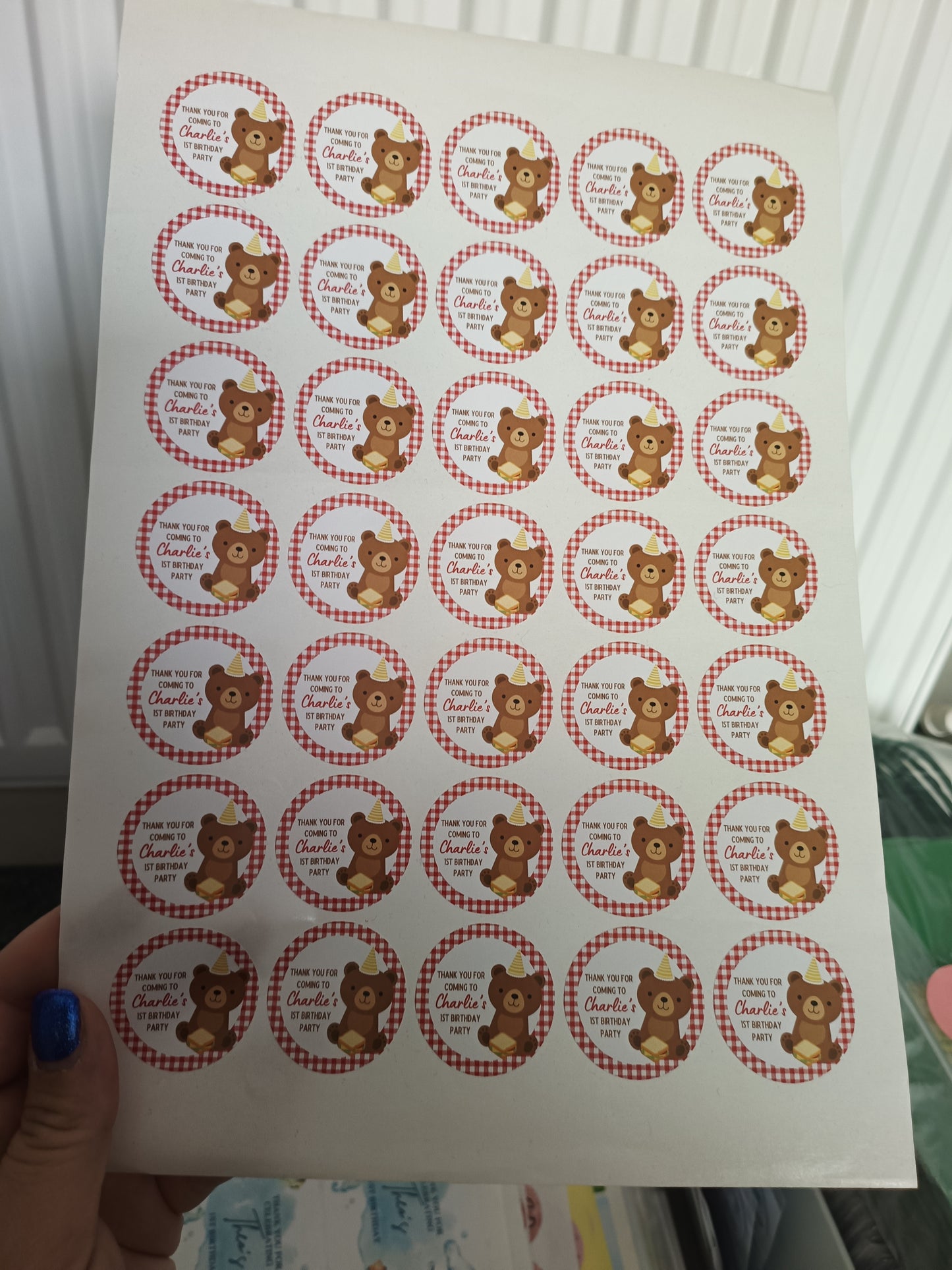 SALE ITEM | 35 x Teddy Bear Picnic Birthday Party Stickers | Thank You For Coming To Charlie's 1st Birthday Party