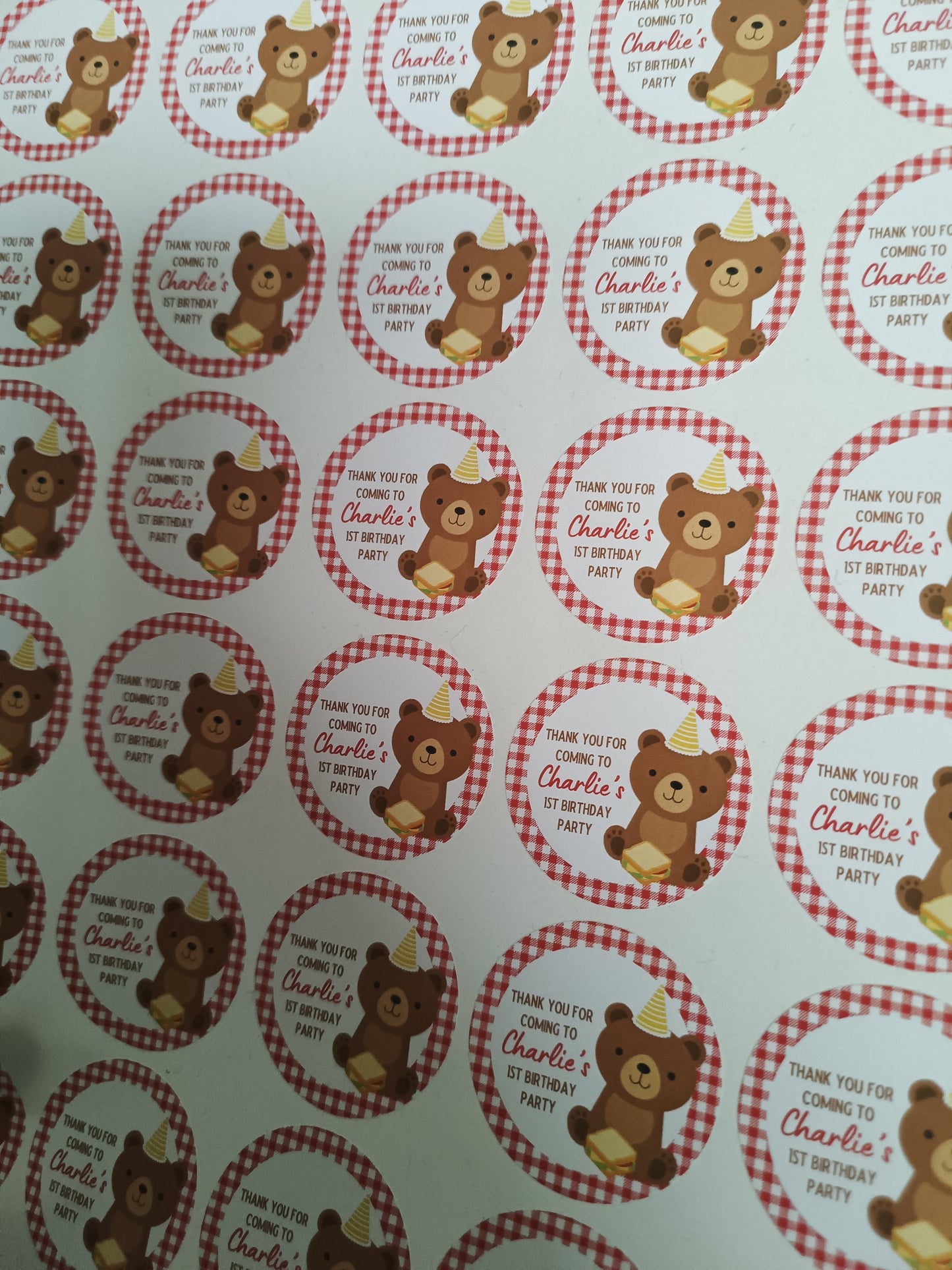 SALE ITEM | 35 x Teddy Bear Picnic Birthday Party Stickers | Thank You For Coming To Charlie's 1st Birthday Party
