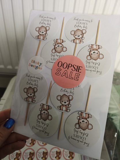 Cupcake Toppers | 15 x Louie's Birthday Party Cupcake Toppers - Brown Teddy Bear | SALE ITEM