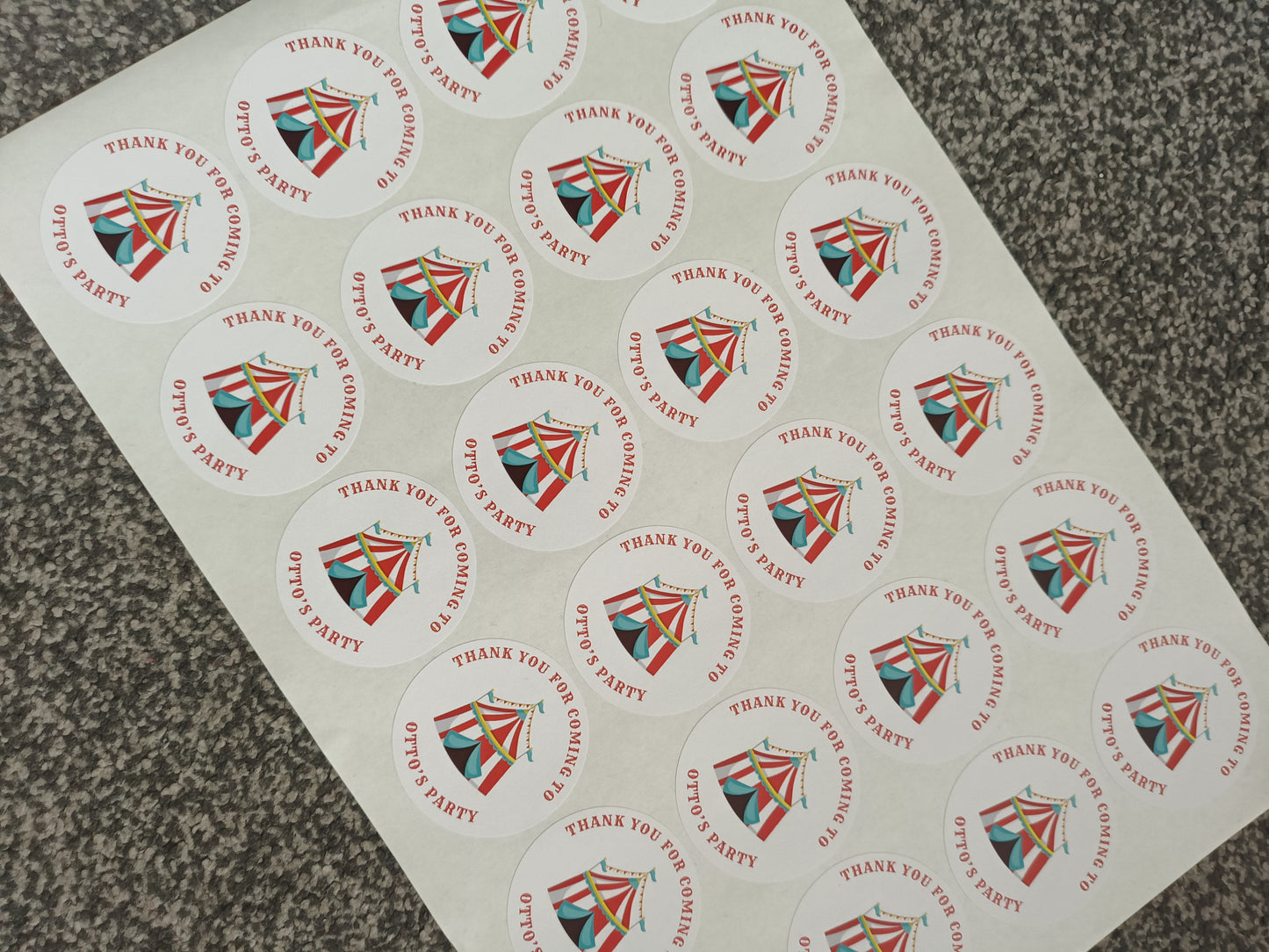 SALE - 45mm Circus Stickers | Party Bag Stickers | Thank You For Coming To Otto's Party