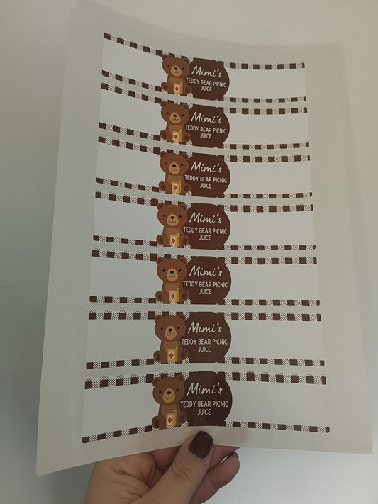Juice Bottle Labels | Brown Teddy Bear Picnic Labels | Water Bottle Stickers | Teddy Bear Picnic Party | Party Stickers - Dinky Designs