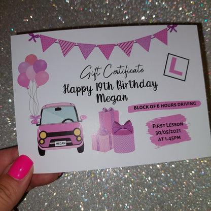 A6 Print | Pink Driving Lesson Gift Certificate | Gift Idea - Dinky Designs