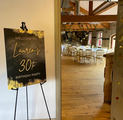 Black & Gold Welcome Board Sign | Personalised Birthday Board | Birthday Party Sign | A4, A3, A2