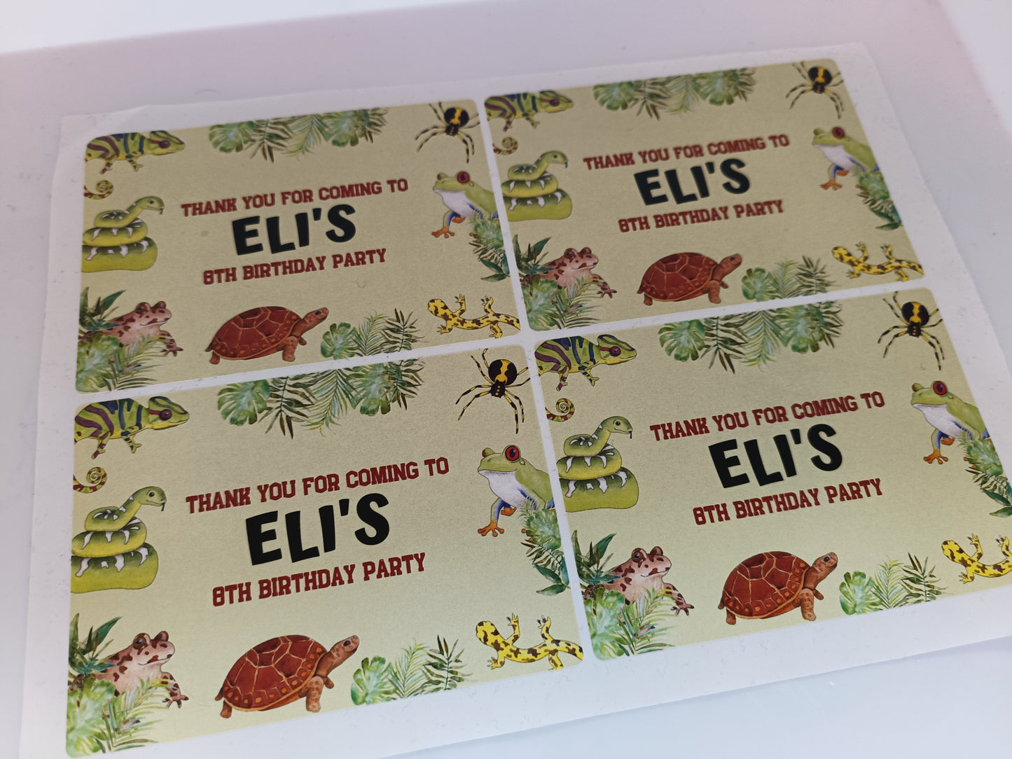 4 x Reptile Rectangle Party Bag Stickers | Eli's 8th Birthday | SALE ITEM