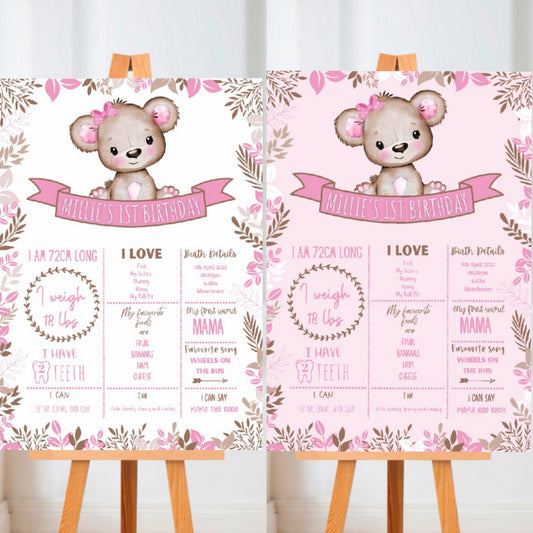 Personalised Pink or White Teddy Bear Welcome Board Sign | Teddy Bear First Birthday Board | Birthday Party Sign | Teddy Bear Party Theme | A4, A3, A2