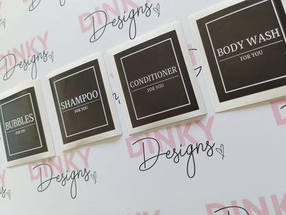 SALE | Black Set of 4 - Bathroom Bottle Waterproof Stickers | Bathroom Labels