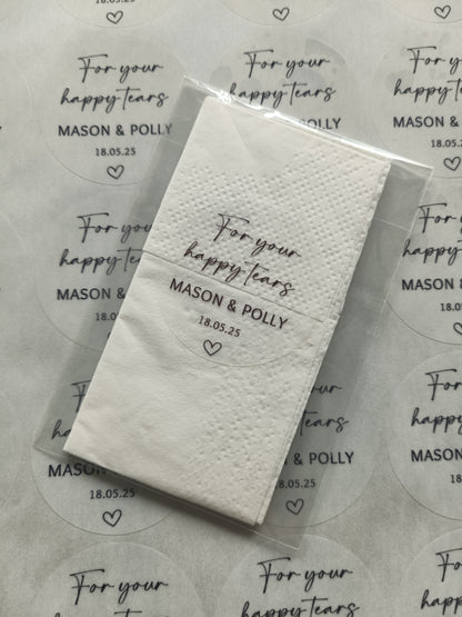 Clear Transparent Wedding Party Stickers | For Your Happy Tears | Personalised Circle Stickers | Sticker Sheet | Party Event Stickers