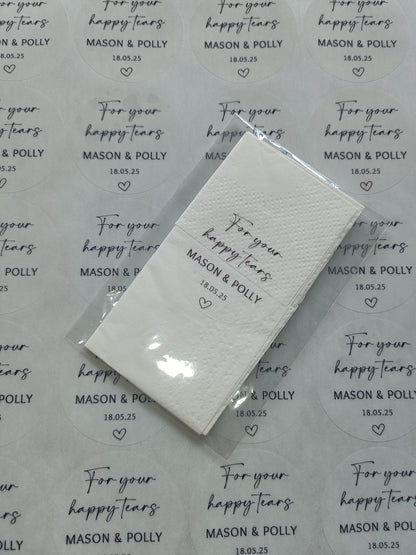 Clear Transparent Wedding Party Stickers | For Your Happy Tears | Personalised Circle Stickers | Sticker Sheet | Party Event Stickers