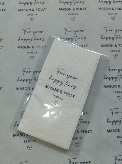 Clear Transparent Wedding Party Stickers | For Your Happy Tears | Personalised Circle Stickers | Sticker Sheet | Party Event Stickers