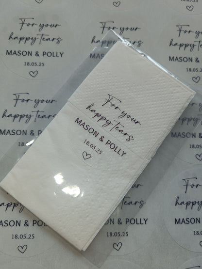 Clear Transparent Wedding Party Stickers | For Your Happy Tears | Personalised Circle Stickers | Sticker Sheet | Party Event Stickers