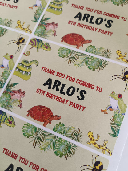SALE - 1 x Reptile Rectangle Party Bag Stickers | Thank you for coming to Arlo's 6th Birthday Party