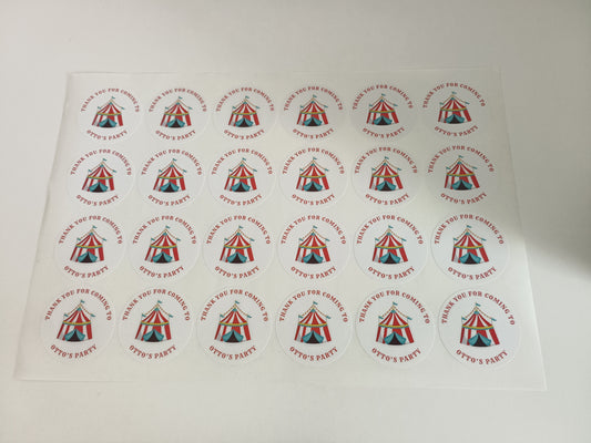 SALE - 1 x 45mm Circus Stickers | Party Bag Stickers | Thank You For Coming To Otto's Party