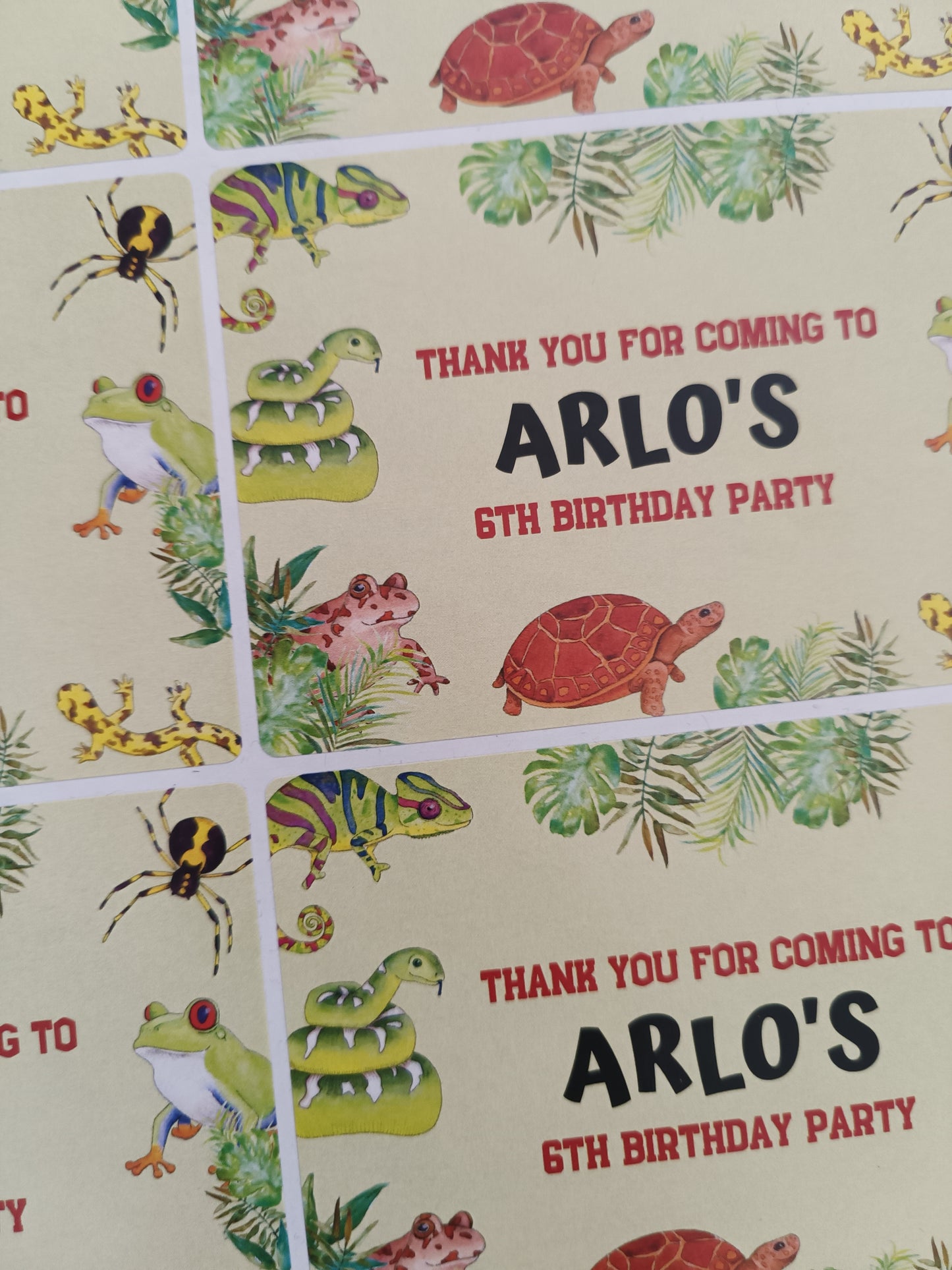SALE - 1 x Reptile Rectangle Party Bag Stickers | Thank you for coming to Arlo's 6th Birthday Party