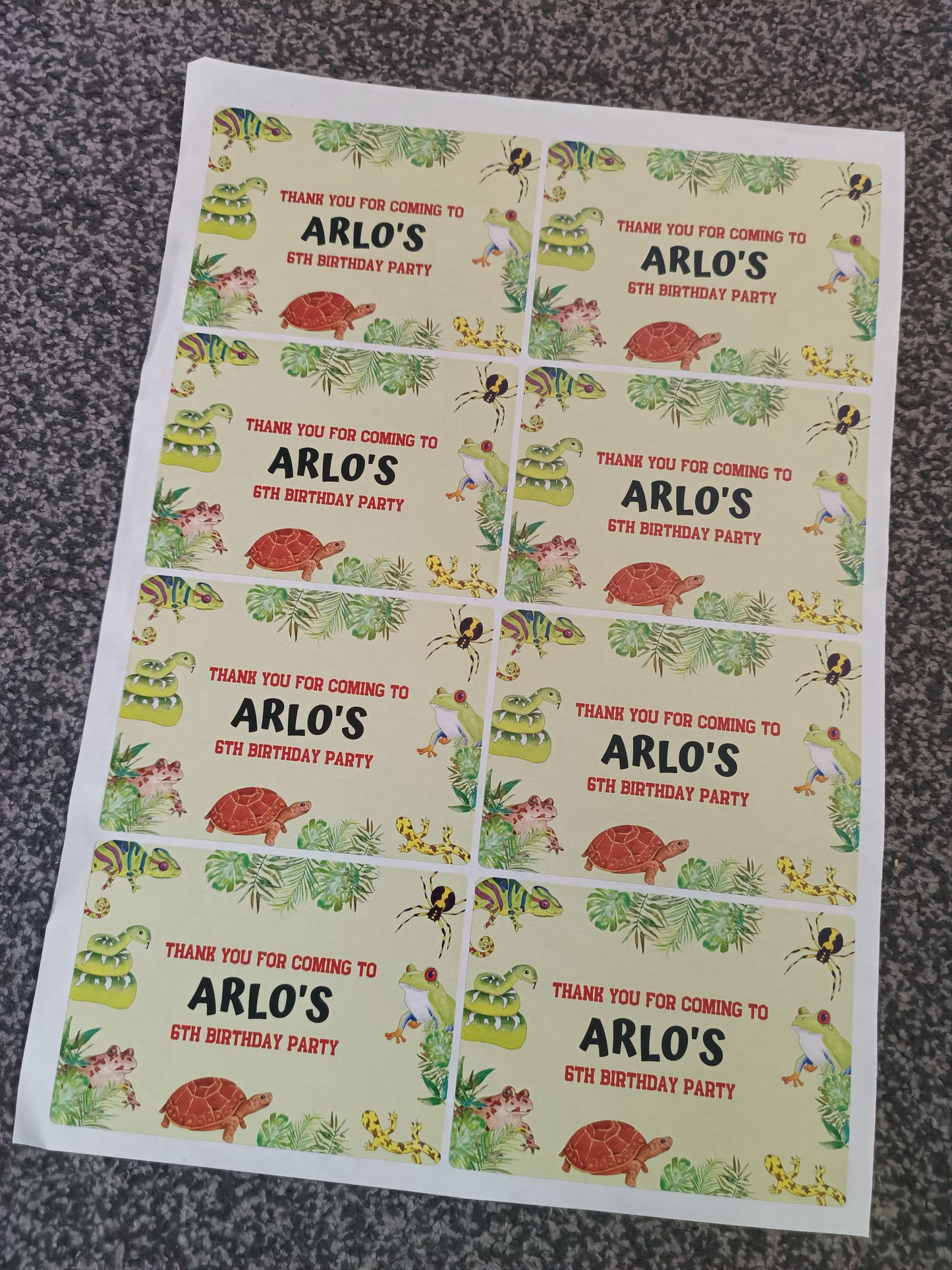 SALE - 1 x Reptile Rectangle Party Bag Stickers | Thank you for coming to Arlo's 6th Birthday Party