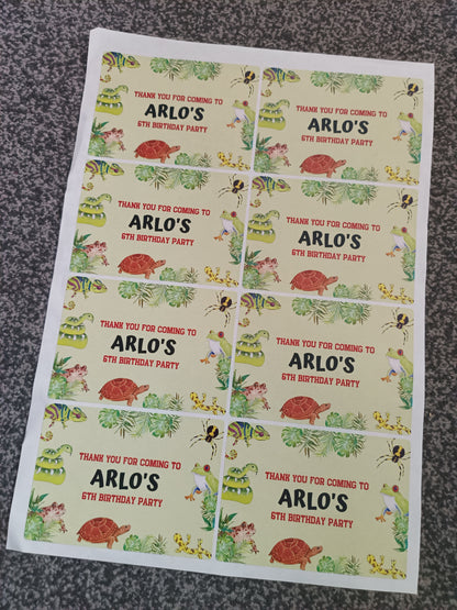SALE - 1 x Reptile Rectangle Party Bag Stickers | Thank you for coming to Arlo's 6th Birthday Party