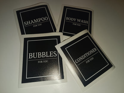 SALE | Black Set of 4 - Bathroom Bottle Waterproof Stickers | Bathroom Labels