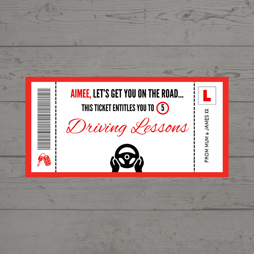 Surprise Ticket Print | Personalised Red Driving Lessons Ticket Voucher | Gift Idea