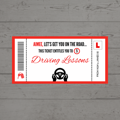 Surprise Ticket Print | Personalised Red Driving Lessons Ticket Voucher | Gift Idea
