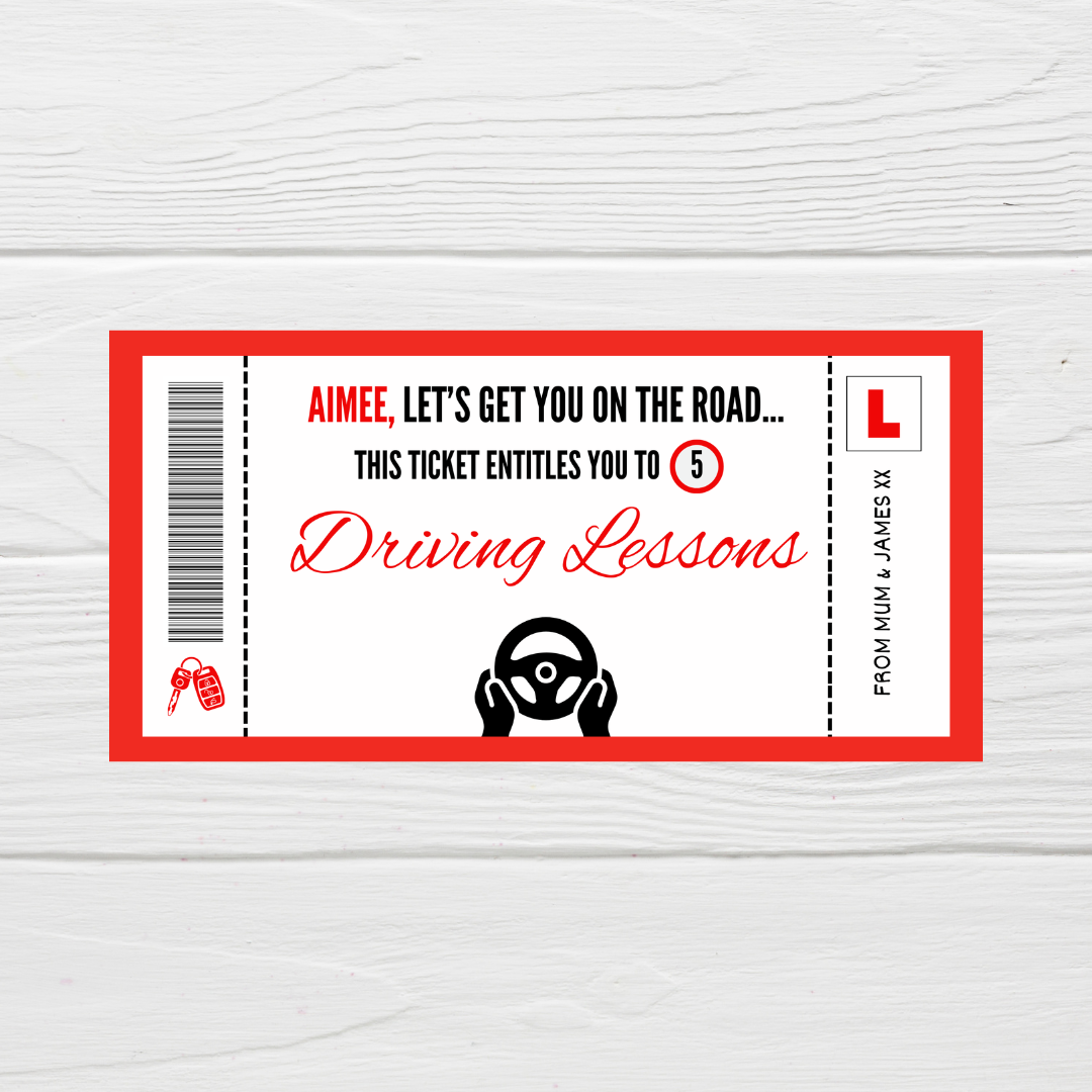 Surprise Ticket Print | Personalised Red Driving Lessons Ticket Voucher | Gift Idea