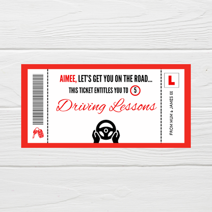 Surprise Ticket Print | Personalised Red Driving Lessons Ticket Voucher | Gift Idea