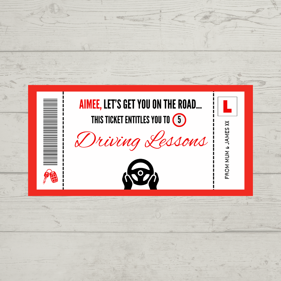 Surprise Ticket Print | Personalised Red Driving Lessons Ticket Voucher | Gift Idea
