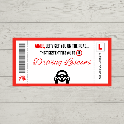 Surprise Ticket Print | Personalised Red Driving Lessons Ticket Voucher | Gift Idea