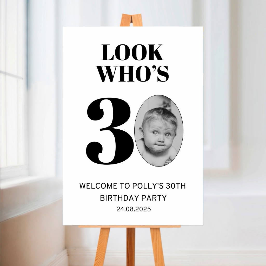 Look Who's 30 - Welcome Board Sign | Personalised Birthday Photo Board | Birthday Party Sign | A4, A3, A2