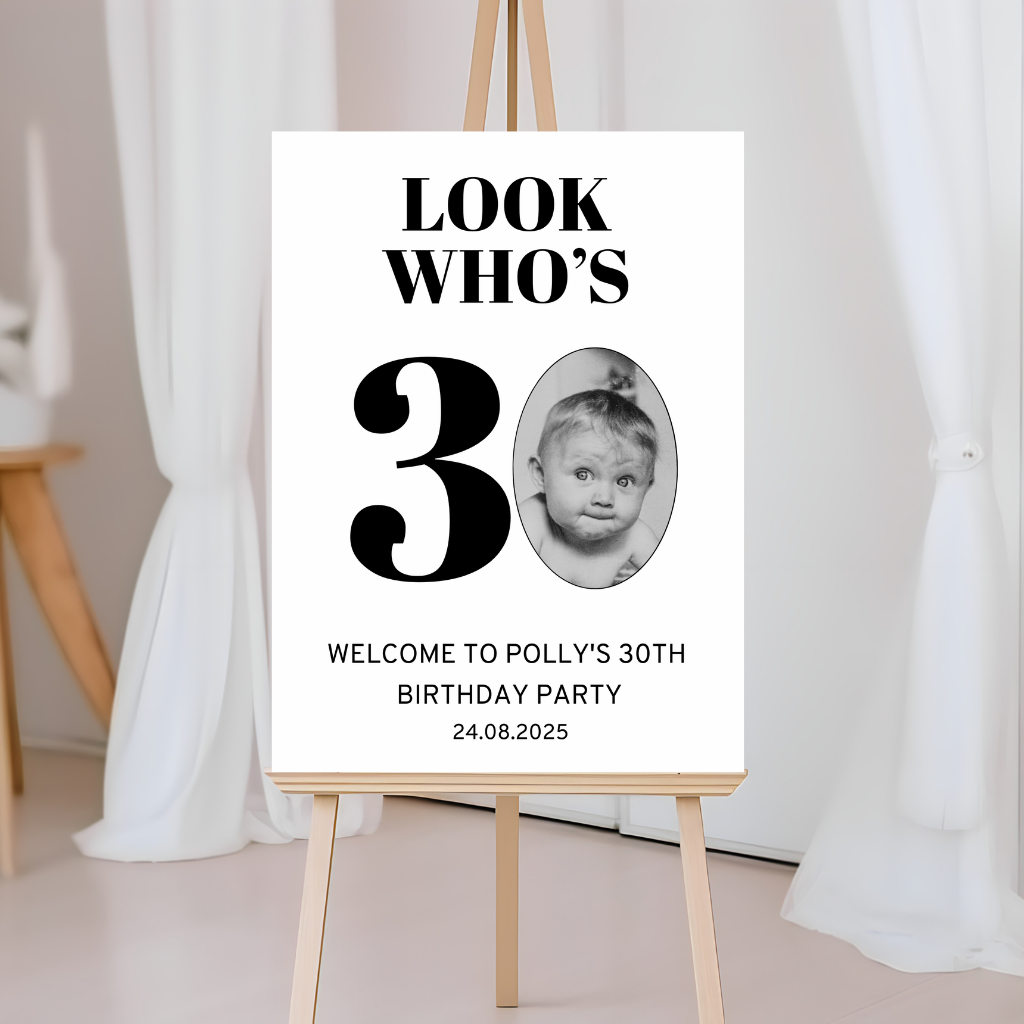 Look Who's 30 - Welcome Board Sign | Personalised Birthday Photo Board | Birthday Party Sign | A4, A3, A2