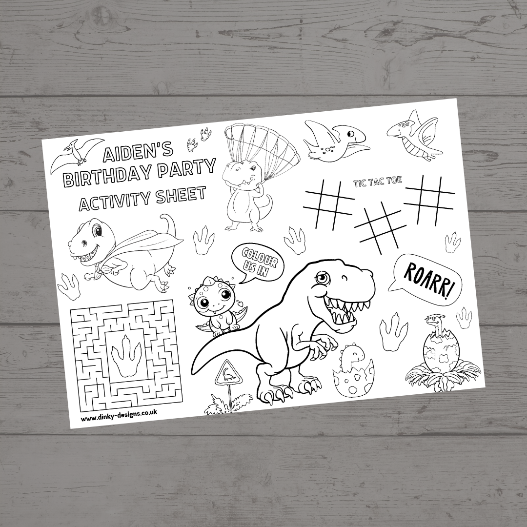 A4 Colouring Activity Sheets | Personalised Dinosaur Design Activity Sheets | Dinosaur Placemats - Dinky Designs