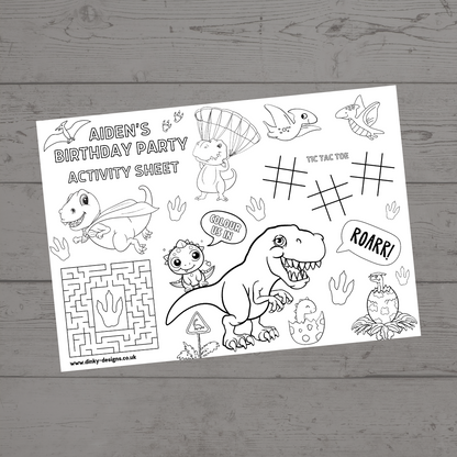 A4 Colouring Activity Sheets | Personalised Dinosaur Design Activity Sheets | Dinosaur Placemats - Dinky Designs