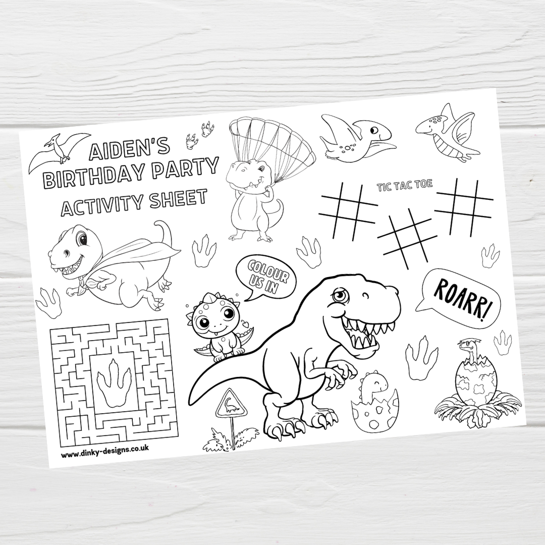 A4 Colouring Activity Sheets | Personalised Dinosaur Design Activity Sheets | Dinosaur Placemats - Dinky Designs