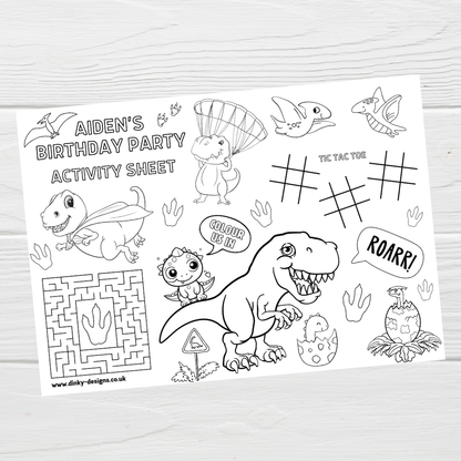 A4 Colouring Activity Sheets | Personalised Dinosaur Design Activity Sheets | Dinosaur Placemats - Dinky Designs