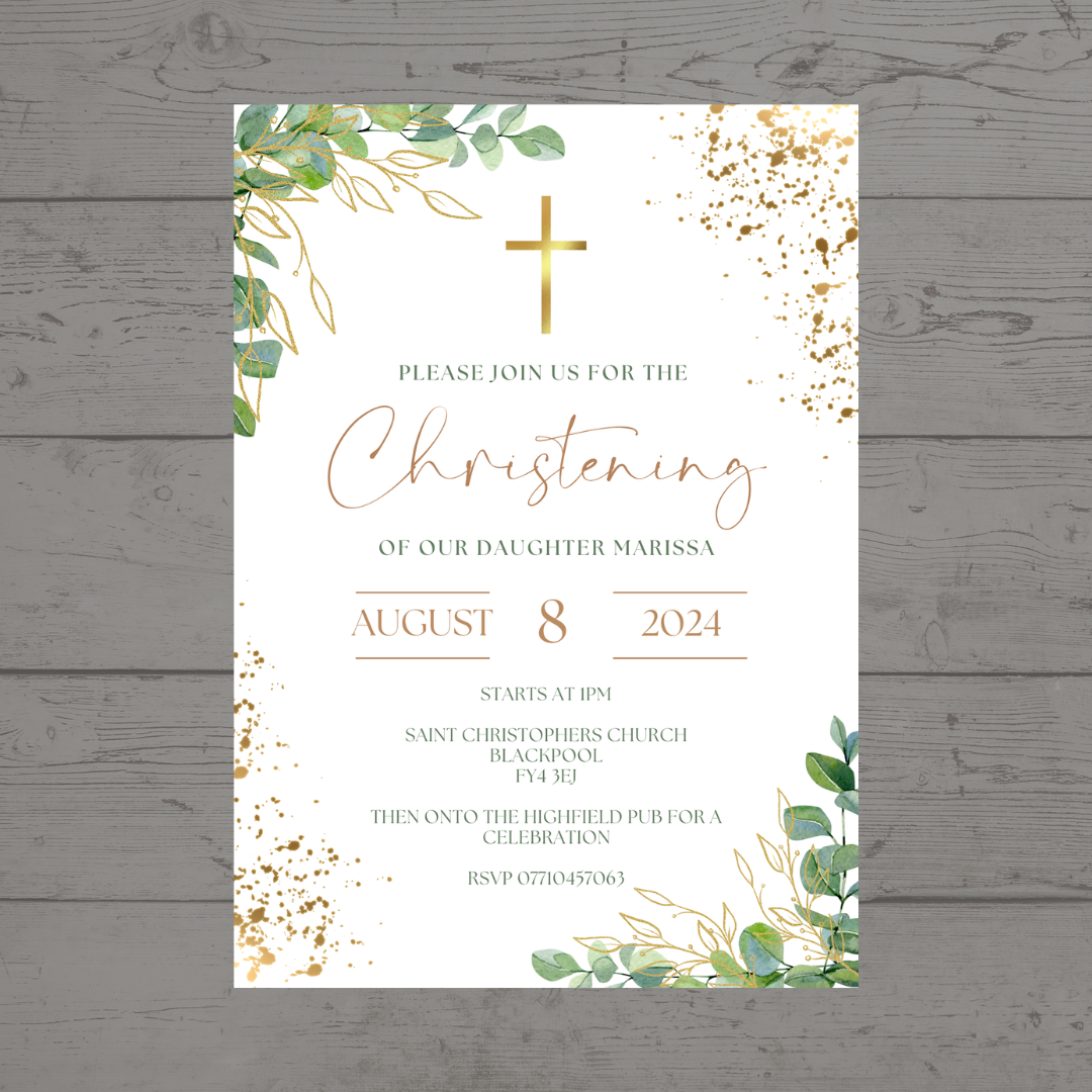 Green Gold Christening Invitations | A6 Invites | Eucalyptus Theme Invitations | Christening Invitations