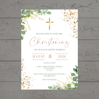 Green Gold Christening Invitations | A6 Invites | Eucalyptus Theme Invitations | Christening Invitations
