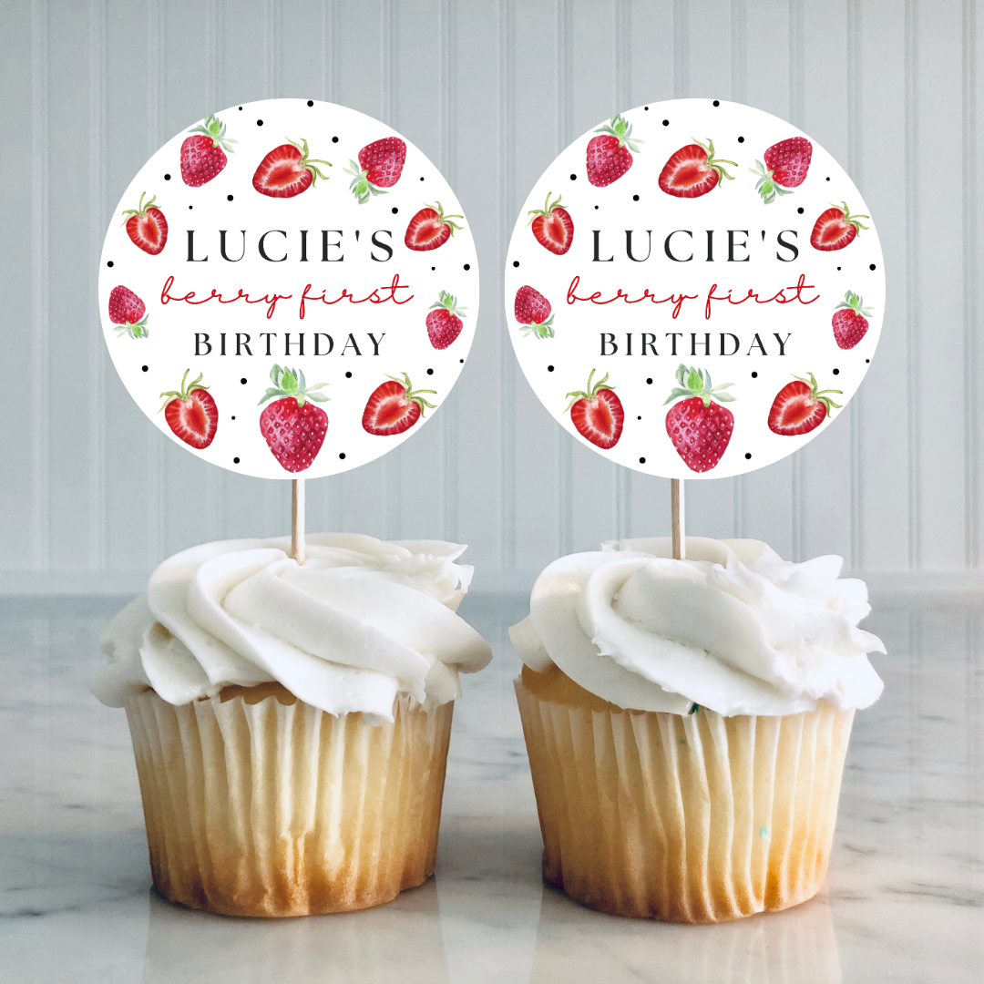 Strawberry Cupcake Toppers | Strawberry Birthday Cupcake Toppers | Party Decorations