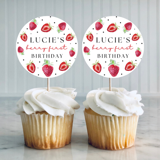 Strawberry Cupcake Toppers | Strawberry Birthday Cupcake Toppers | Party Decorations