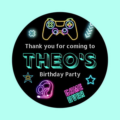 Neon Gaming Party Stickers | Circle Stickers | Sticker Sheet | Party Stickers | Gaming Party Theme - Dinky Designs