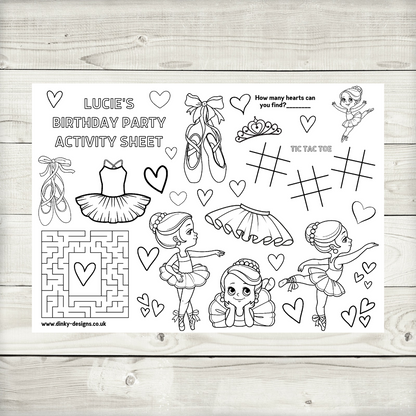 A4 Colouring Activity Sheets | Personalised Ballerina Activity Sheets | Party Bag Favours | Party Placemats