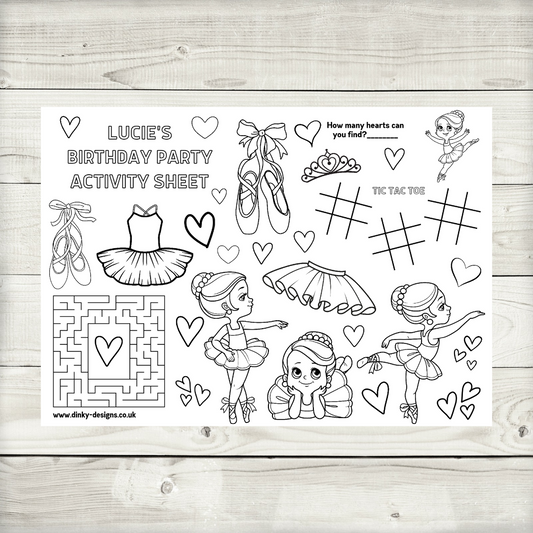 A4 Colouring Activity Sheets | Personalised Ballerina Activity Sheets | Party Bag Favours | Party Placemats - Dinky Designs