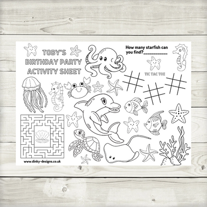 A4 Colouring Activity Sheets | Personalised Under The Sea Activity Sheets | Party Bag Favours | Party Placemats