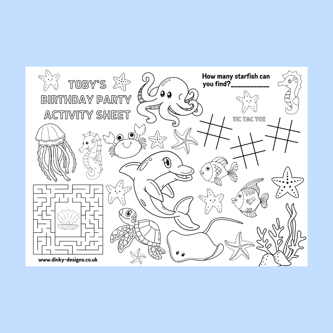 A4 Colouring Activity Sheets | Personalised Under The Sea Activity Sheets | Party Bag Favours | Party Placemats