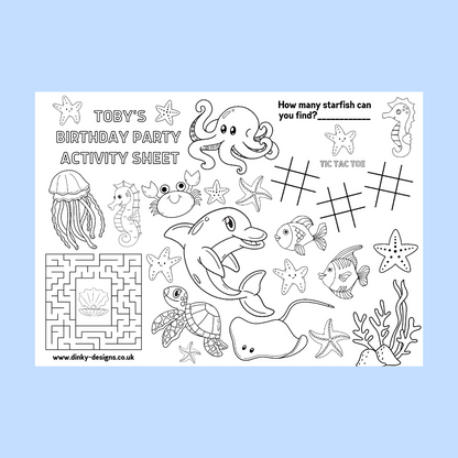 A4 Colouring Activity Sheets | Personalised Under The Sea Activity Sheets | Party Bag Favours | Party Placemats